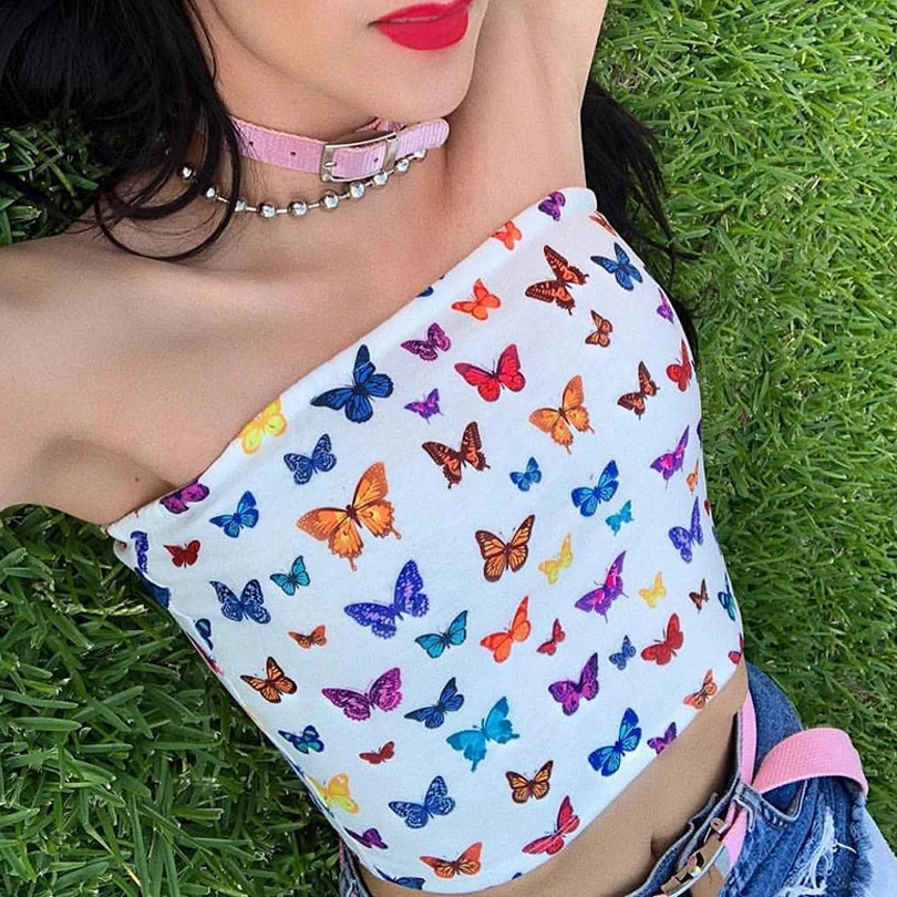 Женский топ с принтом бабочки хлопковый цветной Топ без бретелек вырезом