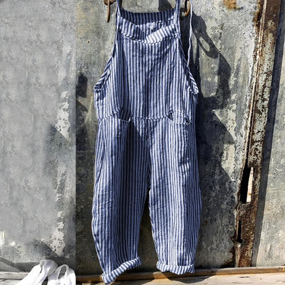 

Plus Size S-2XL Women's Loose Lady's Wide Leg Jumpsuit Pants Vertical Stripes Bib Overall Sleeveless Pockets Jumpsuit Dungarees