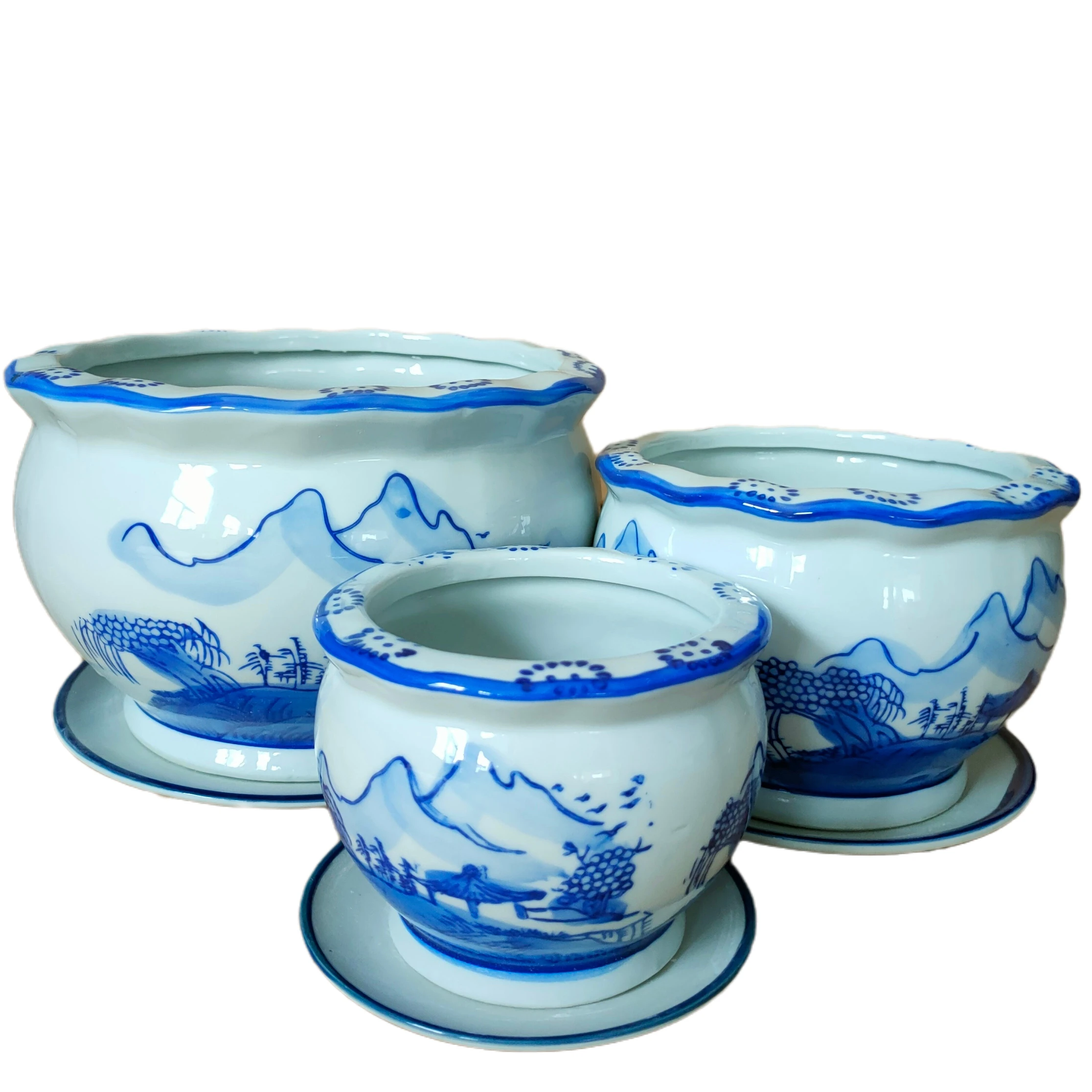 Classical Hand Paint Landscape Design Ceramic Planter Blue and White Porcelain Flower Pot Set of 3
