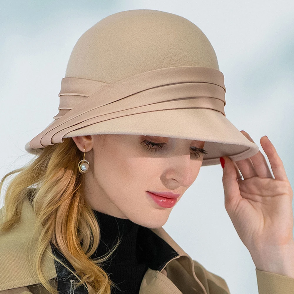 Женская фетровая шляпа-Колокол FS шляпа из верблюжьей шерсти с лентой черного и