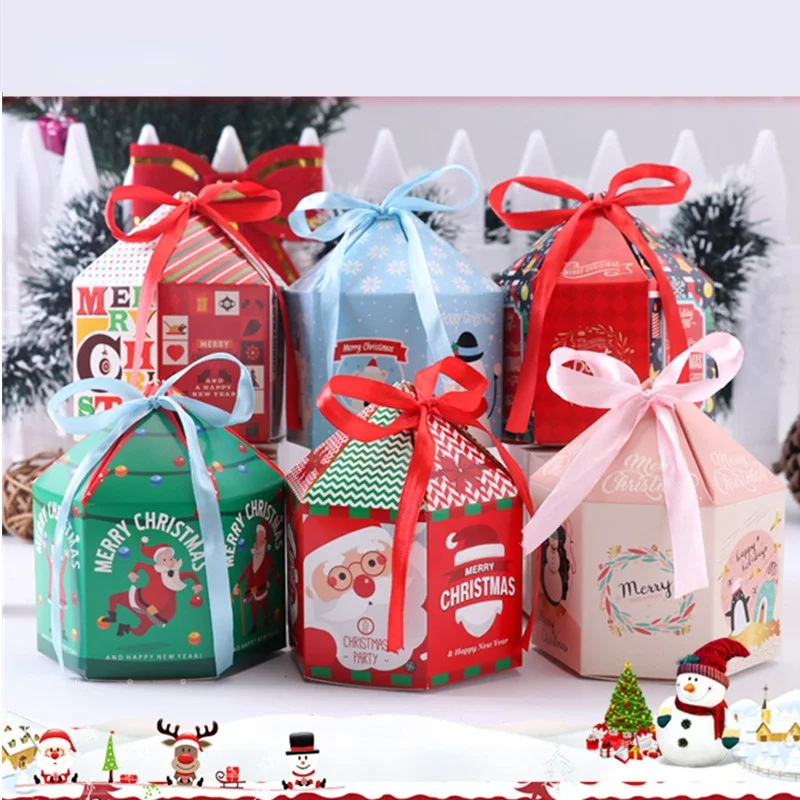 

10pcs Christmas Candy Cookies Packaging Paper Box House Shape Xmas Party Gift Kids Favour Santa Claus Pendant Snack Supplies
