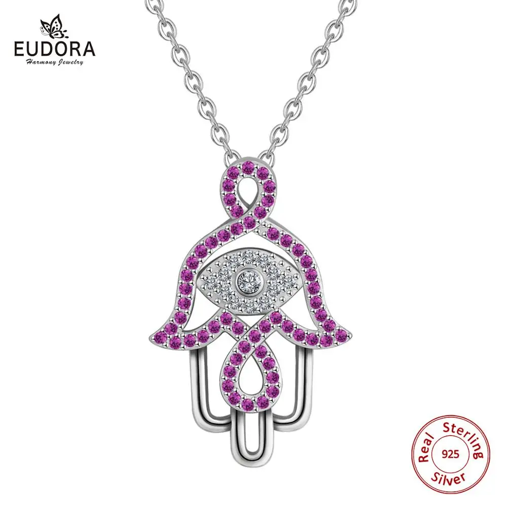 

EUDORA 925 Sterling Silver Evil eye Hamsa hand Pendant Necklace Hand of Fatima Purple CZ Angel Caller Fine Jewelry Gift D308-1