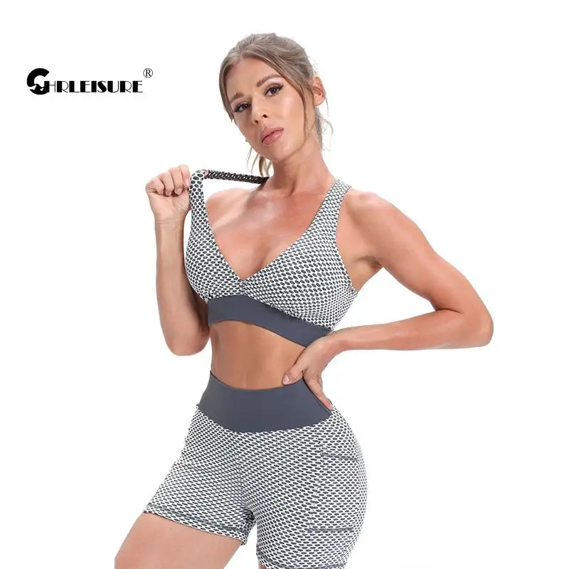 

CHRLEISURE 2Pcs Sport Suit With Pocket Women Gym Set Sexy Bra Shorts Workout Running Clothing Sportswear Athletic Yoga Set