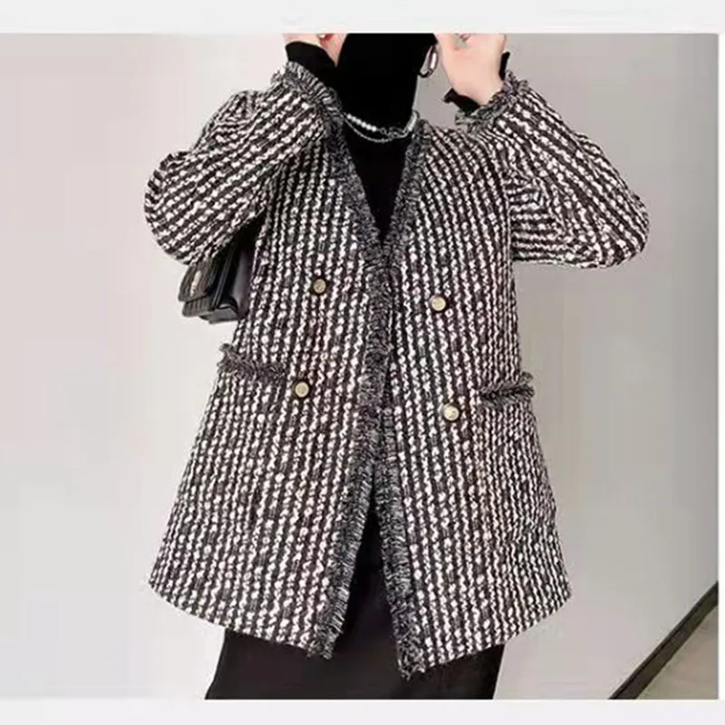 

Женская двубортная твидовая куртка контрастных цветов, новинка осень-зима 2021, стильное пальто средней длины