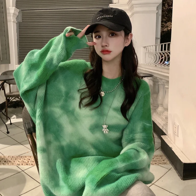 

Женские свитера Tie dye, свободная модная осенне-зимняя женская одежда 2021, Новые Вязаные Пуловеры в Корейском стиле для ленивых людей, топы