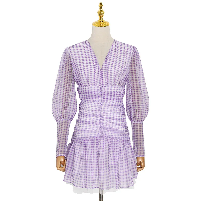 

Summer new Sen sweet Joker bubble sleeve plaid small fresh waist slim fairy dress female