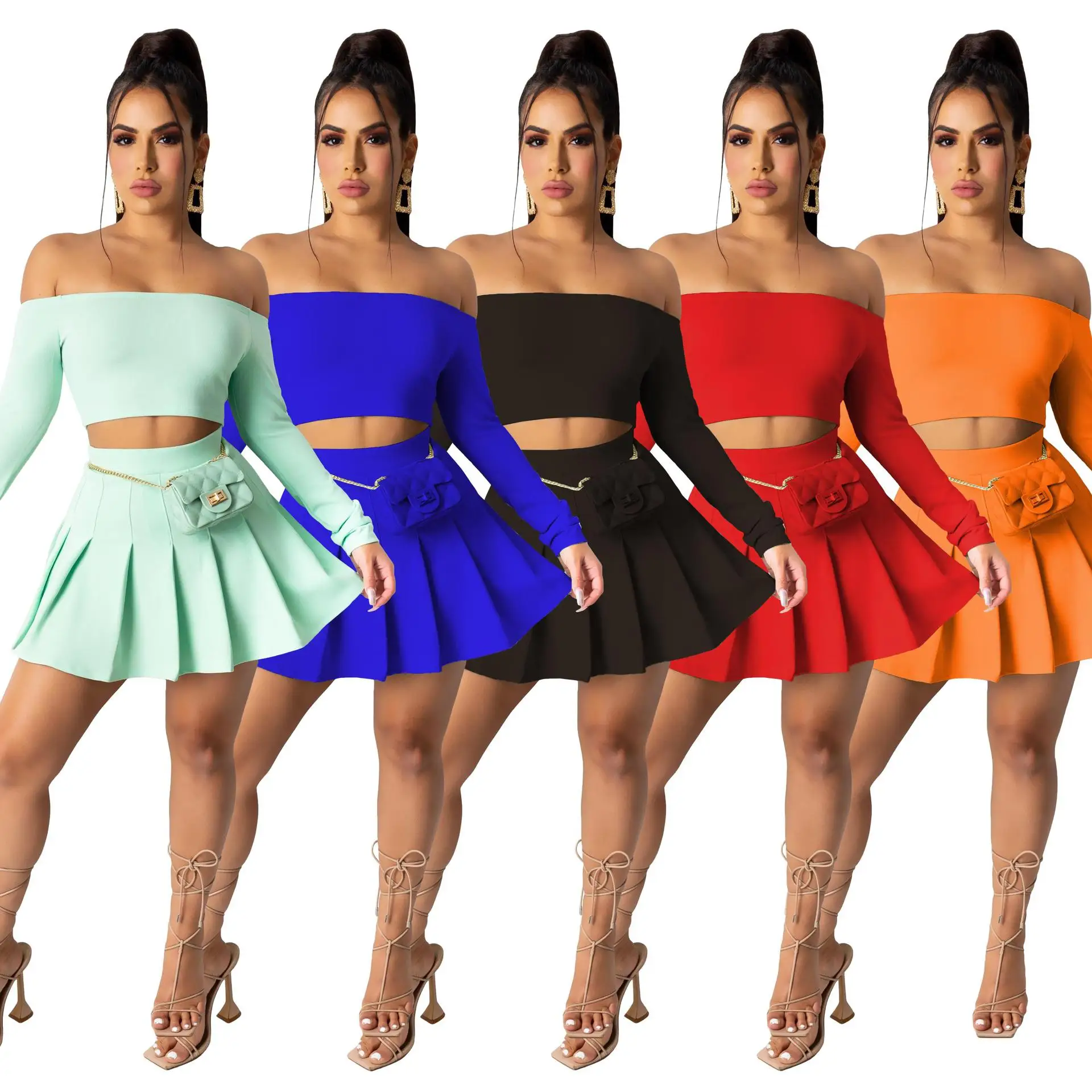 

Summer Casual Suit Two-Piece Fashion Casual Women's Fashion Sexy Solid Color Off-Shoulder Long-Sleeved Top+Pleated Skirt Suit