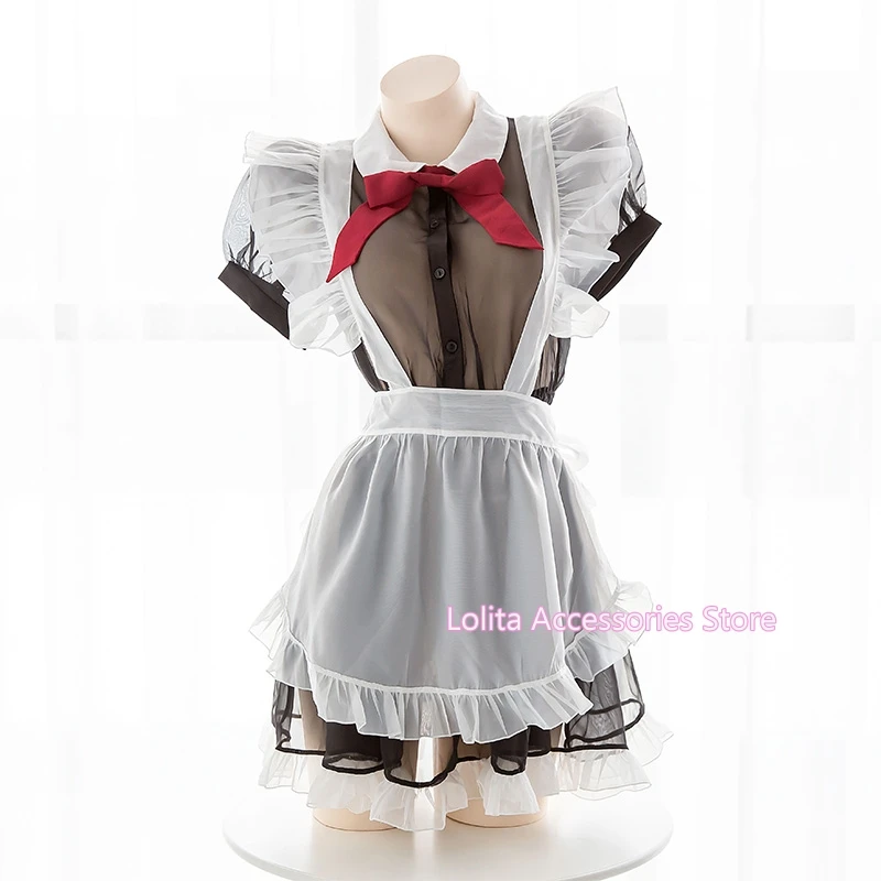 

French Lovely Soft Girl Cute Perspective Maid Uniform Set Cosplay Retro Lolita Transparent Apron Sexy Underwear Set Women