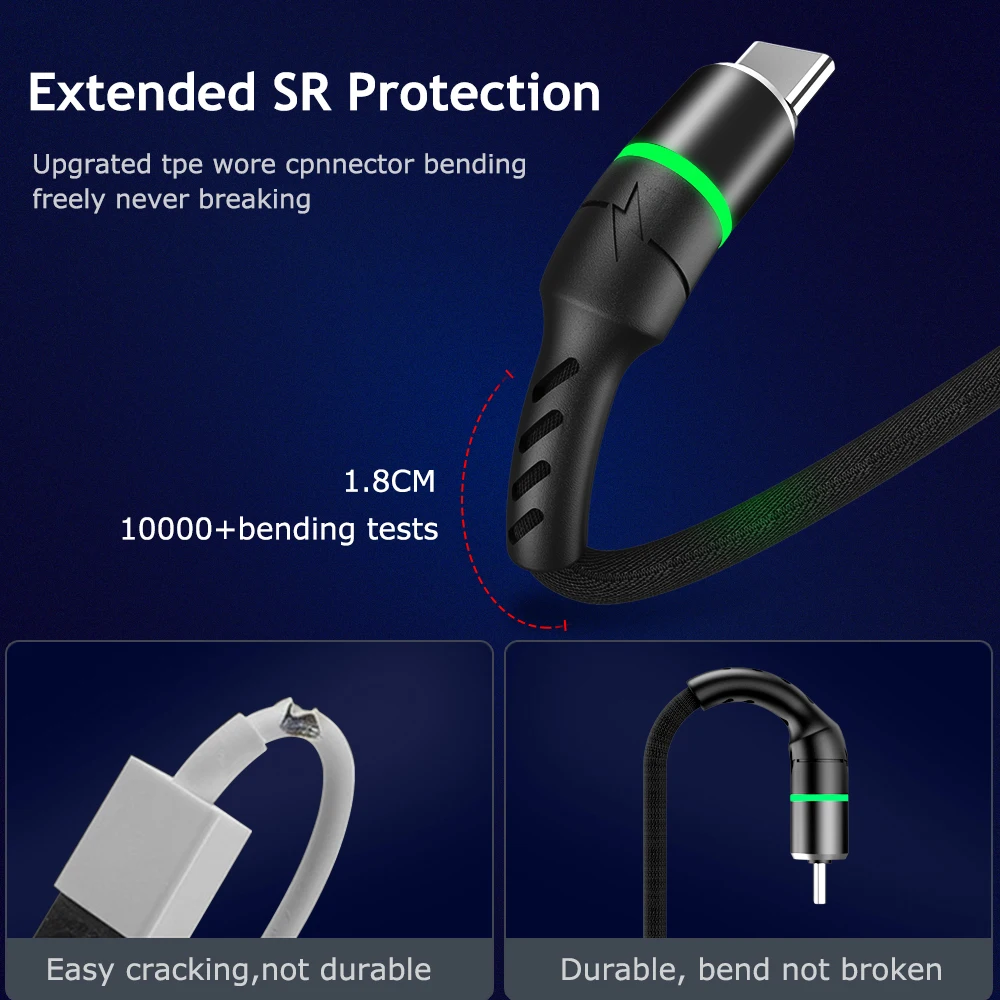Кабель USB Type-C со светодиодной подсветкой USB-C мобильный телефон для быстрой