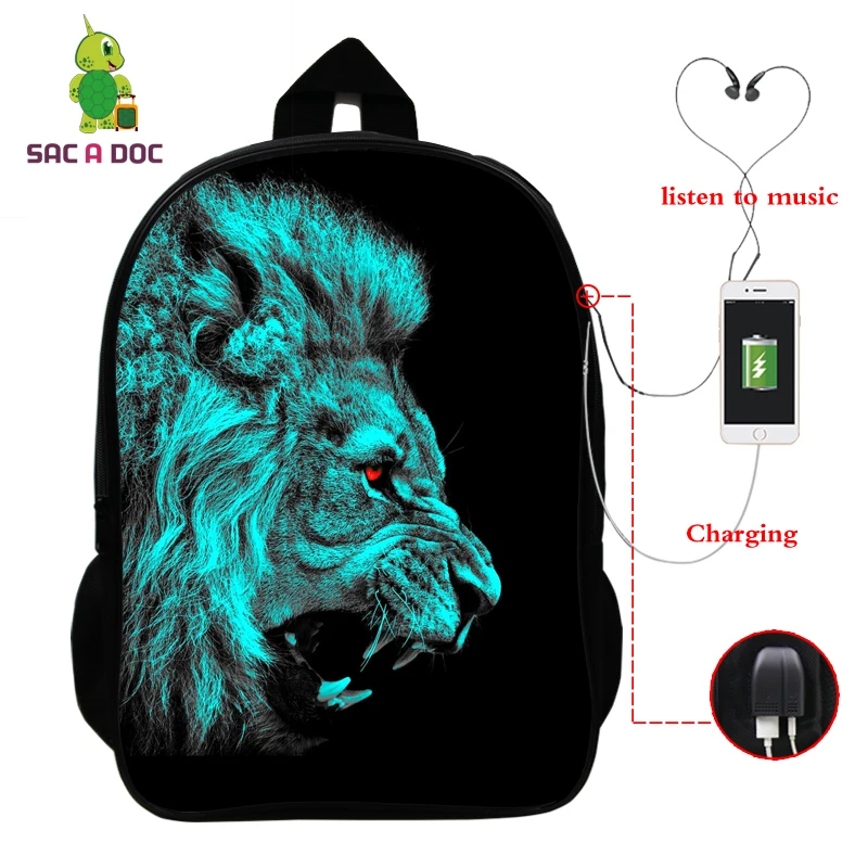 

Mochila Feminina Bookbag Cool Lion Backpack for Women School Bags Teenage Girls USB Charge Travel Backpack Mens Laptop Backpack