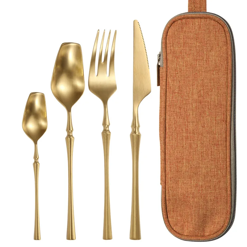 Набор столовых приборов из нержавеющей стали золотистого цвета зеркальная