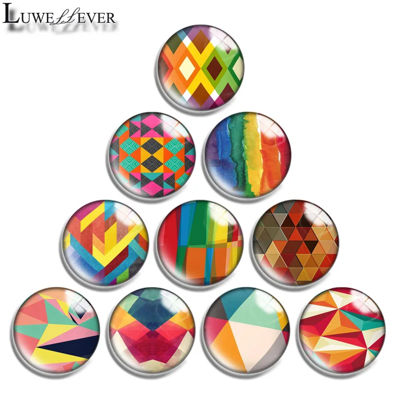 

12mm 14mm 16mm 20mm 25mm 30mm 628 Colorful Geometry Mix Round Glass Cabochon Jewelry Finding 18mm Snap Button Charm Bracelet