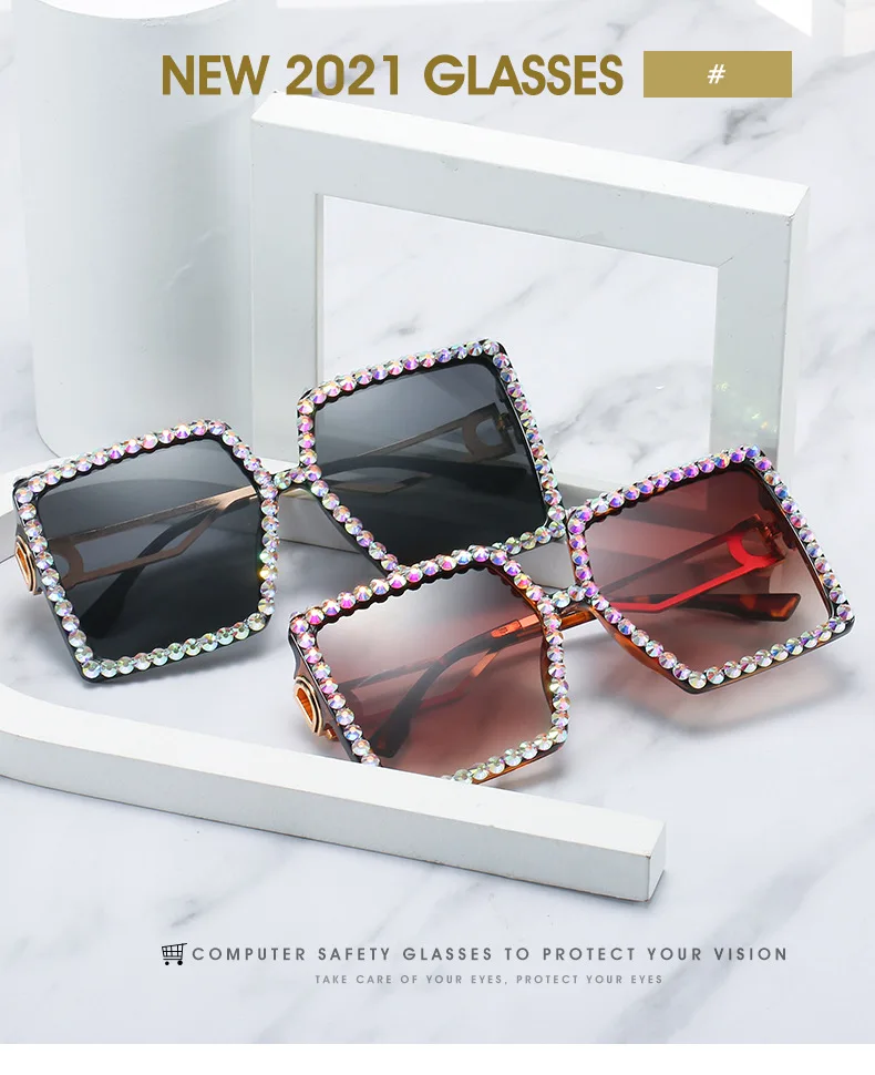 

Fashion Crystal Oversized Sunglasses Glasses Square Diamond Personality Big Square Glasses Trend Brand Sunglasses UV400