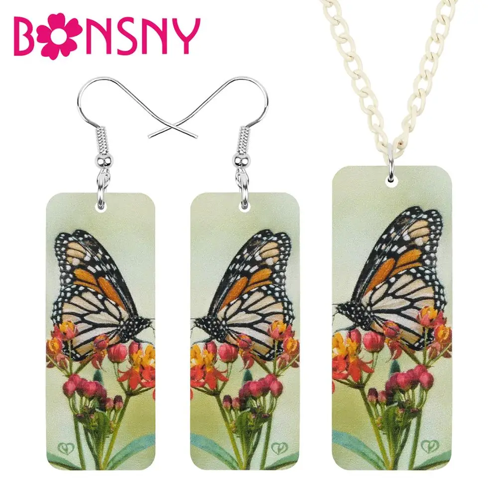 

Bonsny Acrylic Rectangle Sweet Flower Monarch Butterfly Jewelry Sets Insect Animal Necklace Earrings For Women Girls Gift Charms
