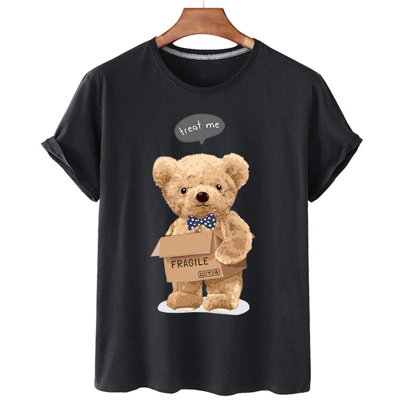 

100% Cotton Carton Bear Print O-neck Short-sleeved T-shirt Women Summer Casual Short-sleeved Unisex Oversized T-shirt Ladies Top