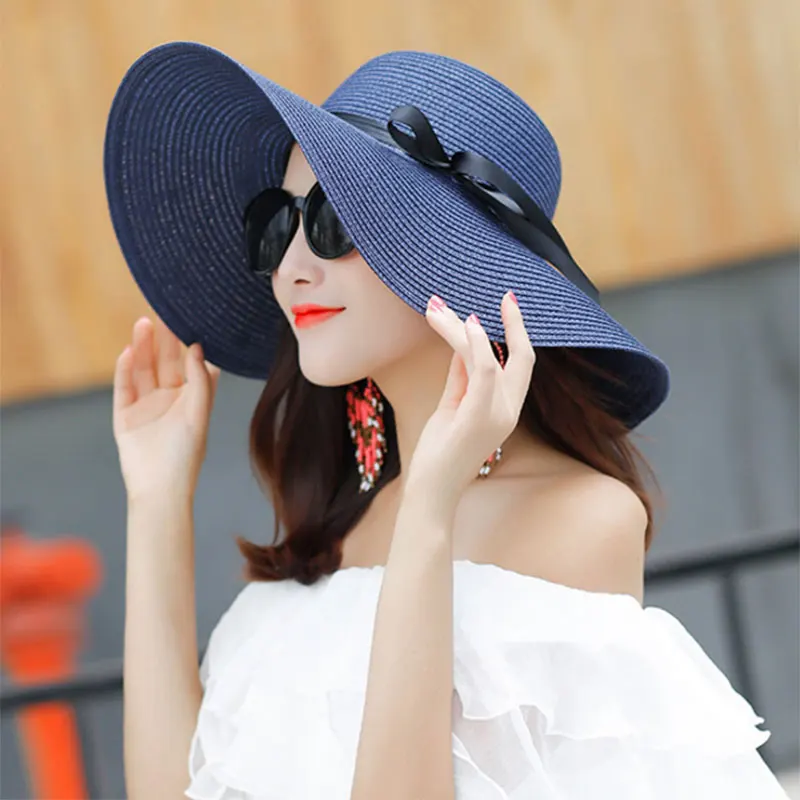 Летняя женская шляпа от солнца с большими широкими полями черная пляжная бантом
