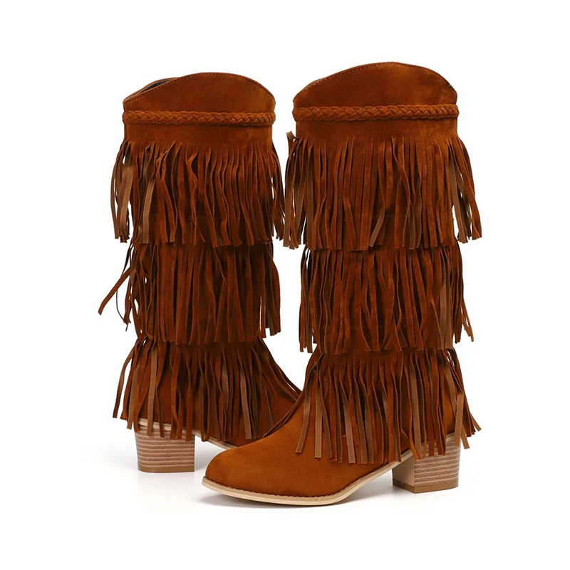 

Fashion Nation Style Flock Leather Women Fringe Flat Heels Long Boots Woman Tassel Knee High Boots Size 35-43