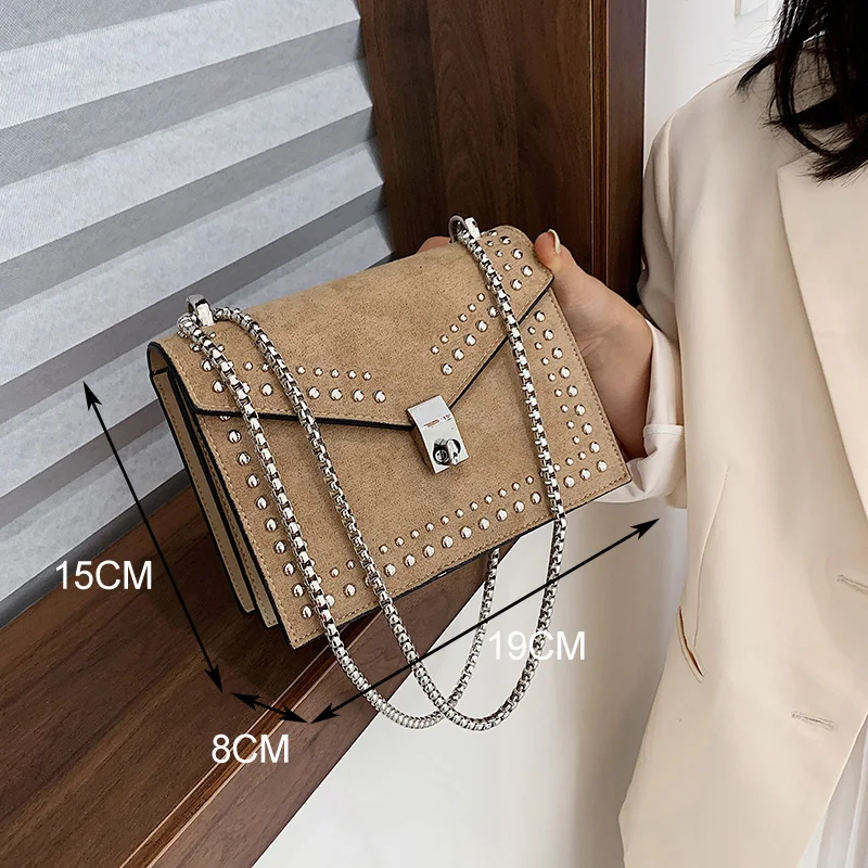 

Scrub Leather Shoulder Messenger Bags Chain Rivet Lock Crossbody Bag For Women designer new Female Travel handbag bolsa feminina