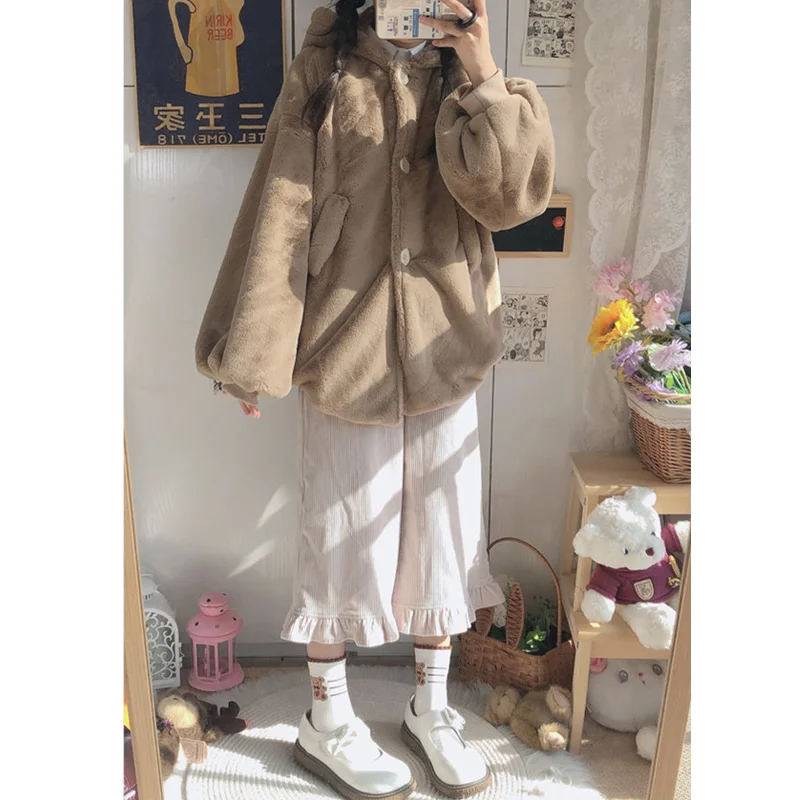 Winter Girl Cute Single-Breasted Thicken Soft Plush Coats For Women Vintage Long Sleeve Kawaii Jacket Jk Lolita Hooded Outweare