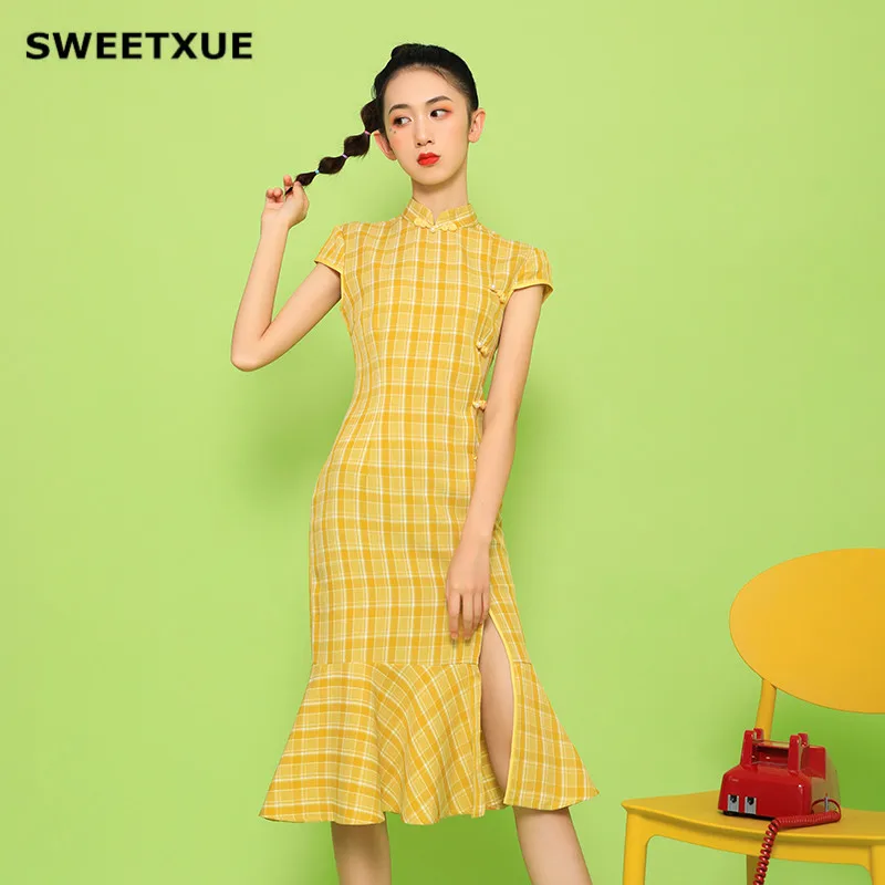 SWEETXUE китайский стиль Улучшенный чёнсам платье Новая современная мода свежий желтый сплит Bodycon женское винтажное рыбий хвост платье