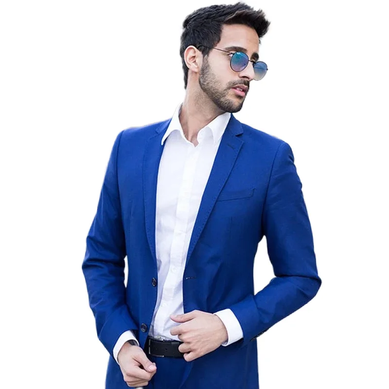 

Fashion Blue 2 Pieces Men's Suit Slim Fit Notched Lapel Wedding Male Blazers Formal Tuxedos Tailored Prom Jackets With Trousers