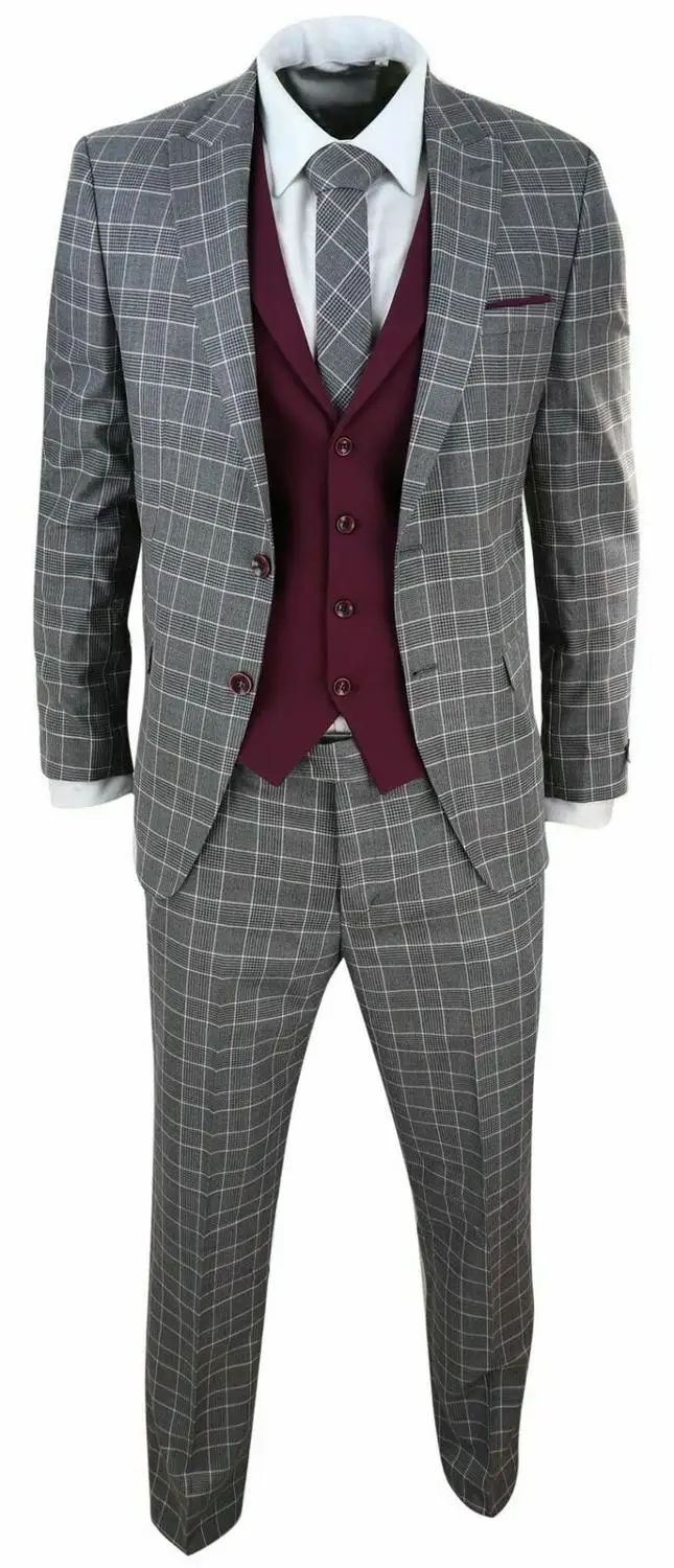 Gray Мужской костюм из 3 предметов в клетку 1920s Гэтсби твид винтажный серый классический свадебный выпускной - Color: Gray