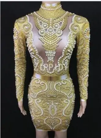 gold dress Черный серый Стразы Жемчуг Длинные рукава платье Сексуальная спандекс Женская одежда для пения день рождения, празднование вечернее платье - Цвет: gold dress