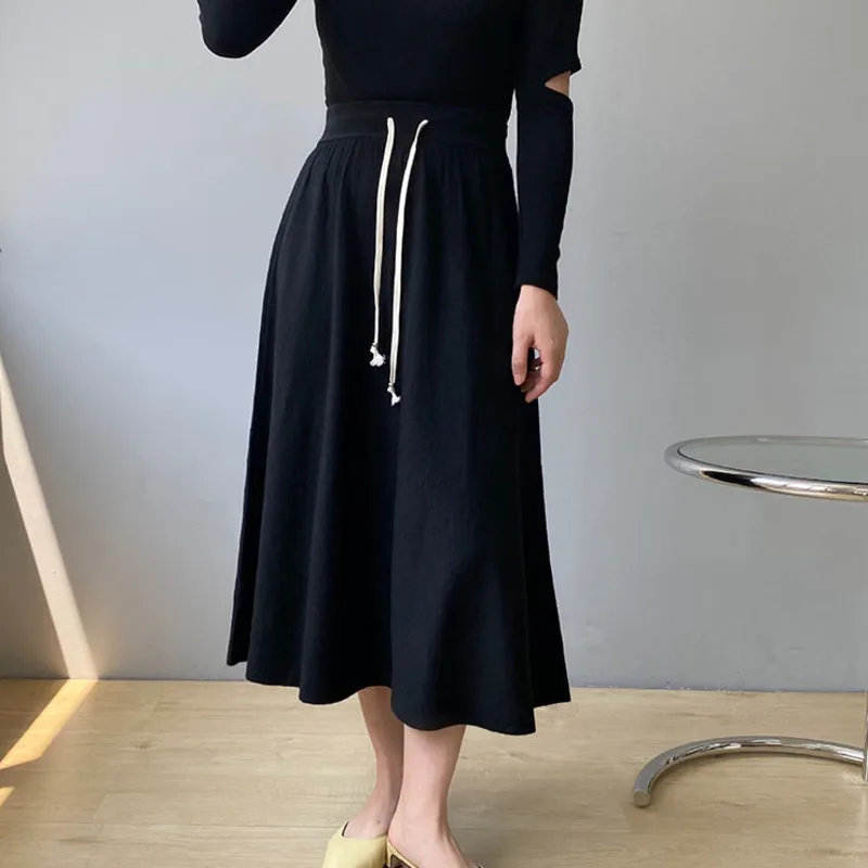 

2021 Autumn Winter New Solid Color Knitted Skirt Women Korean High Waist Elasticity Drawstring Skirts Fashion X956