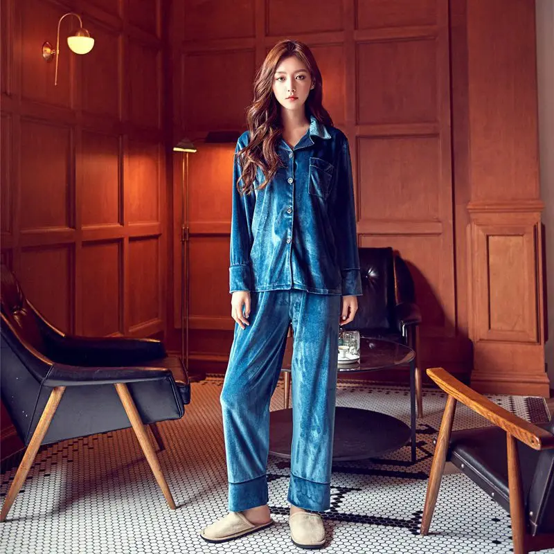

Autumn Winter Gold Velvet Long-sleeved Trousers Women's Pajamas Suit Luxurious Nobility Keep Warm Home Clothes