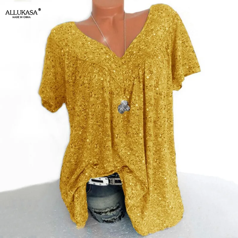 

Allukasa Fashion Print T-shirt Summer T-shirt Ladies V-neck Top 5xl Large Size Ladies Short Sleeve Shirt Pullover Goth