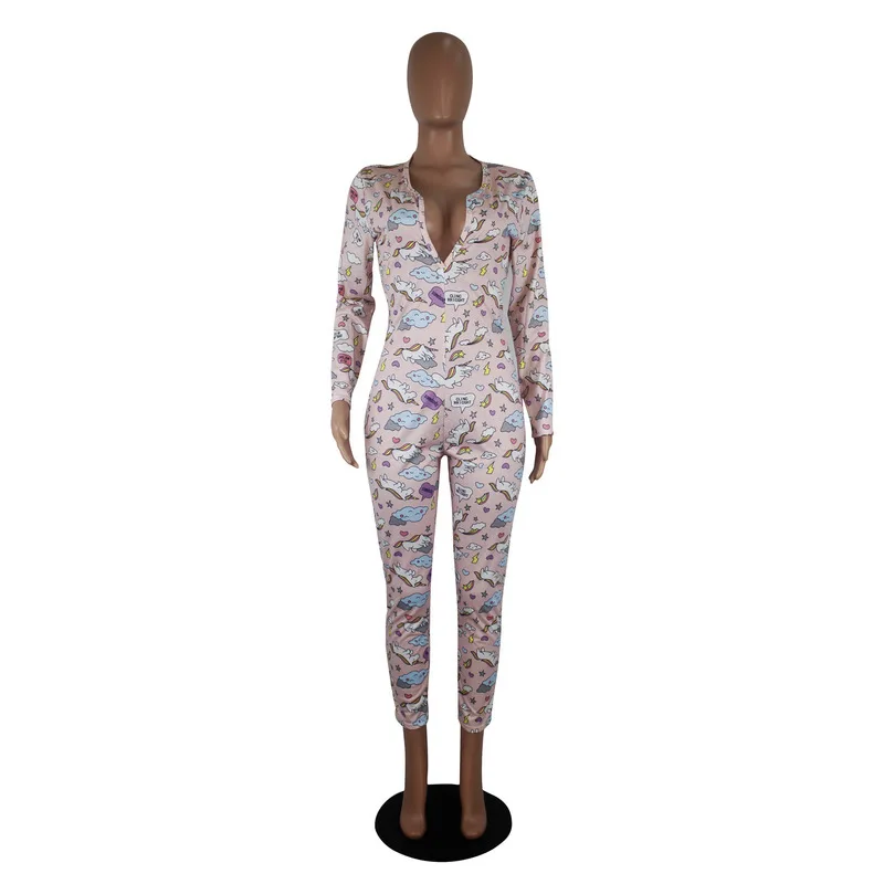 

High Waist Casual One Piece Overalls Women Mouth Lip Print Full Sleeve Skinny Jumpsuit Casual V Neck Button Up Bodycon Rompers