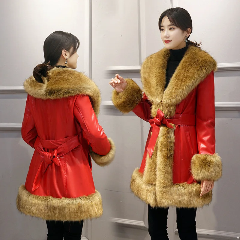 

2019 Autumn Winter Faux Mink Fur Bow Fashion Sashes Coats Women Long With Raccoon Dog Fur Collar Elegant Thick Warm Fur Jacket