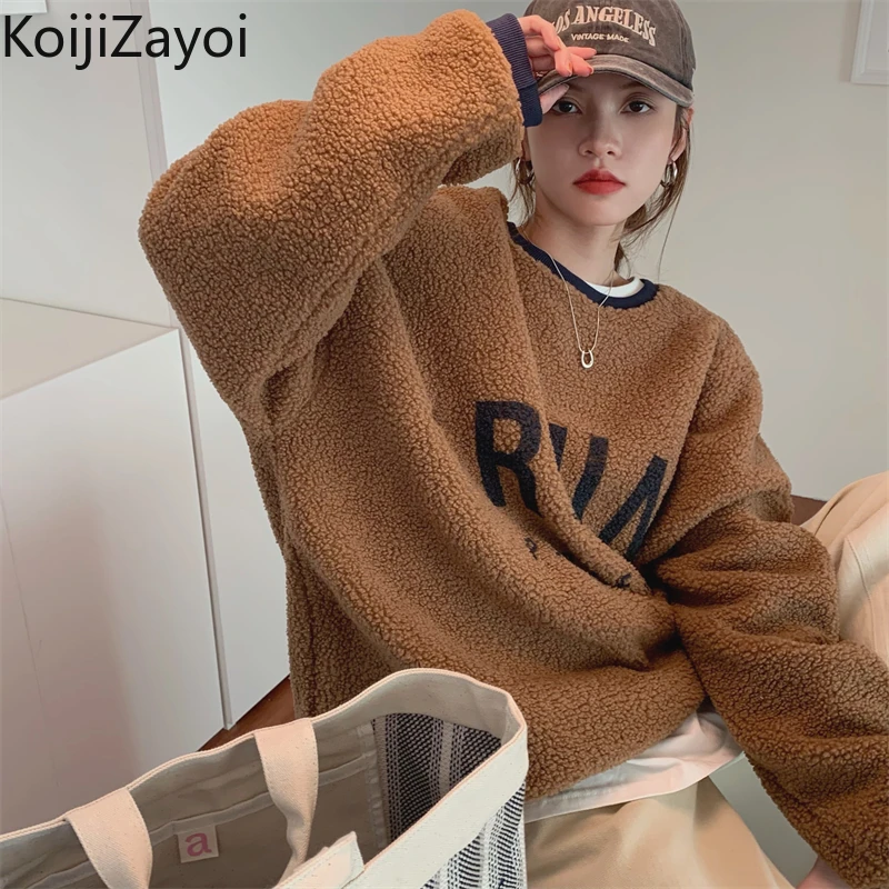 

Koijizayoi Casual Loose Women Fuzzy Hoodies Long Sleeves O Neck Letters Fashion Lady Thick Winter Warm Sweatshirt Korea Pullover