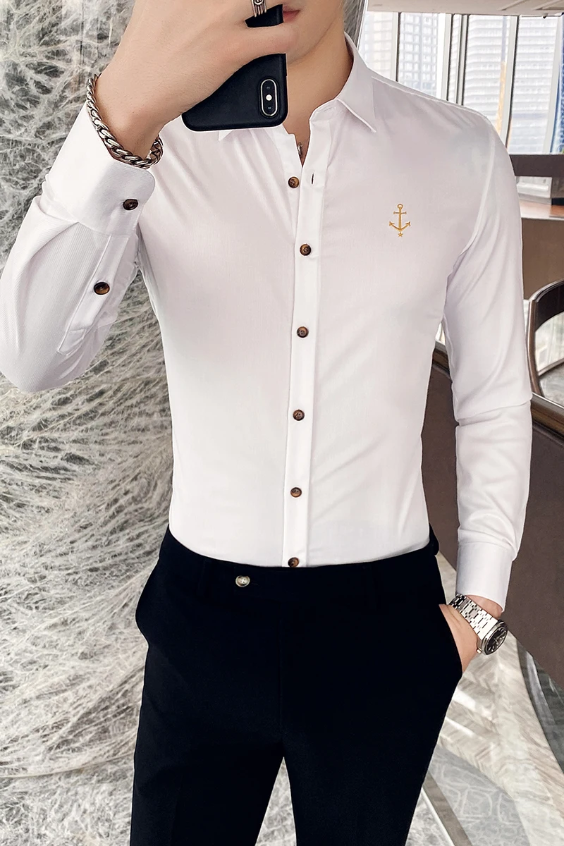 

Autumn Winter Shirts for Men Business Gentleman Casual Dress Shirts Solid Color Embroidery Slim Long-sleeved Shirt Chemise Homme