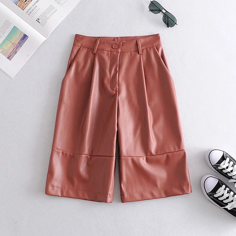 

Women OverSize Lapel Jacket Suits Fashion Slim Pocket Long Sleeve PU Jacket Coats+Casual Loose Solid Chic PU Shorts