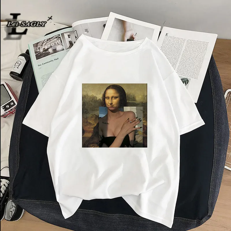 Lei SAGLY Mona Lisa smokes женские футболки художественная картина маслом Harajuku Эстетическая ulzzang негабаритная футболка Корейская одежда