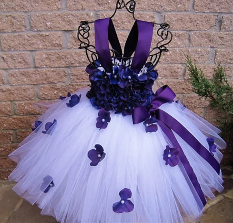 

Girls Purple Flower Petals Tutu Dress Kids Tulle Straps Dress Ball Gown with Ribbon Bow Children Wedding Party Costume Dresses