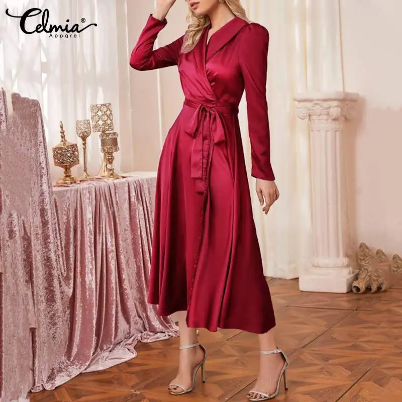 

Celmia Elegant Women Long Sleeve Dress Sexy V-neck Bandage Party Sundress Stylish High Waist Casual Long Shirt Satin Dress Robe