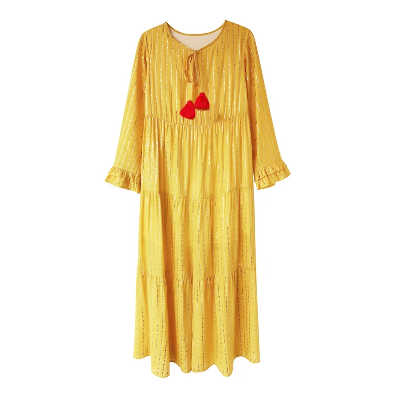 

PERHAPS U Women Gold Yellow Sequined O-neck Bow Petal Sleeve Long Sleeve Beach Holiday Split Midi Dress Spring Summer D2491