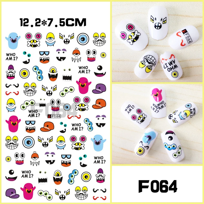 

10PCS Monster Smiley Nail Art Slider Cartoon Penguin Nail Art Sticker 3D Adhesive Nail Art Supplies Decoration Repair Tool F064