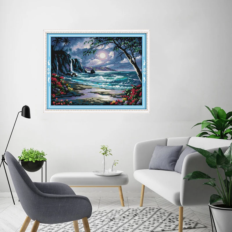 The Sea Under Moon DIY Cartoon Needlework Crafts 11CT14CT Printed Pattern Cross Stitch Kits on Canvas Embroidery Sets Decor | Дом и сад