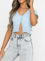 4 color summer women casual thin knitted cardigan t shirts casual buttons ruffle short sleeve ribbed knit crop tops blue tees