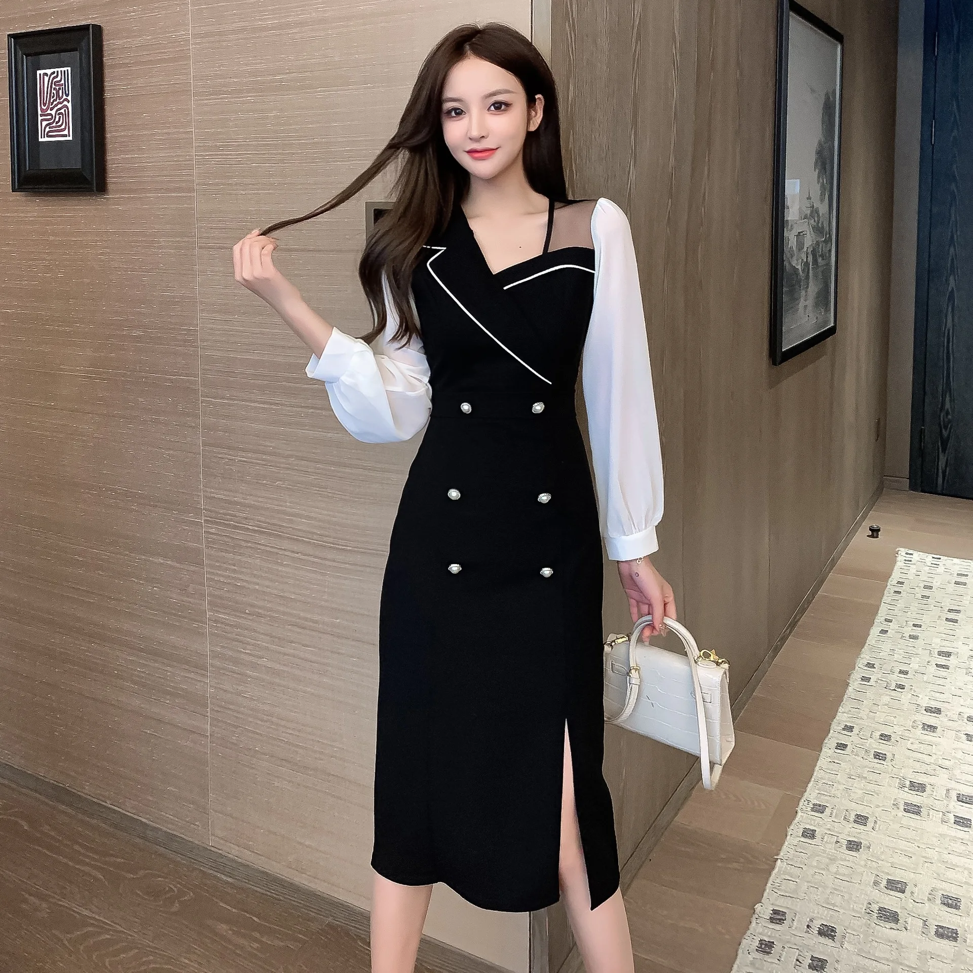 

Dress 2020 autumn and winter new ladies ladies ladies split temperament is thin and long sleeves Office Lady Polyester