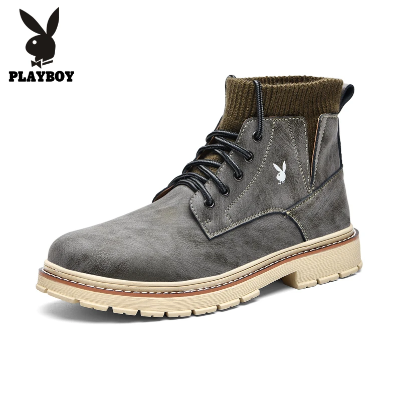 PLAYBOY/Новые ботинки; мужские кожаные кроссовки; модные зимние теплые ботинки; Мужская дышащая обувь на шнуровке; мужская повседневная обувь - Цвет: khkai
