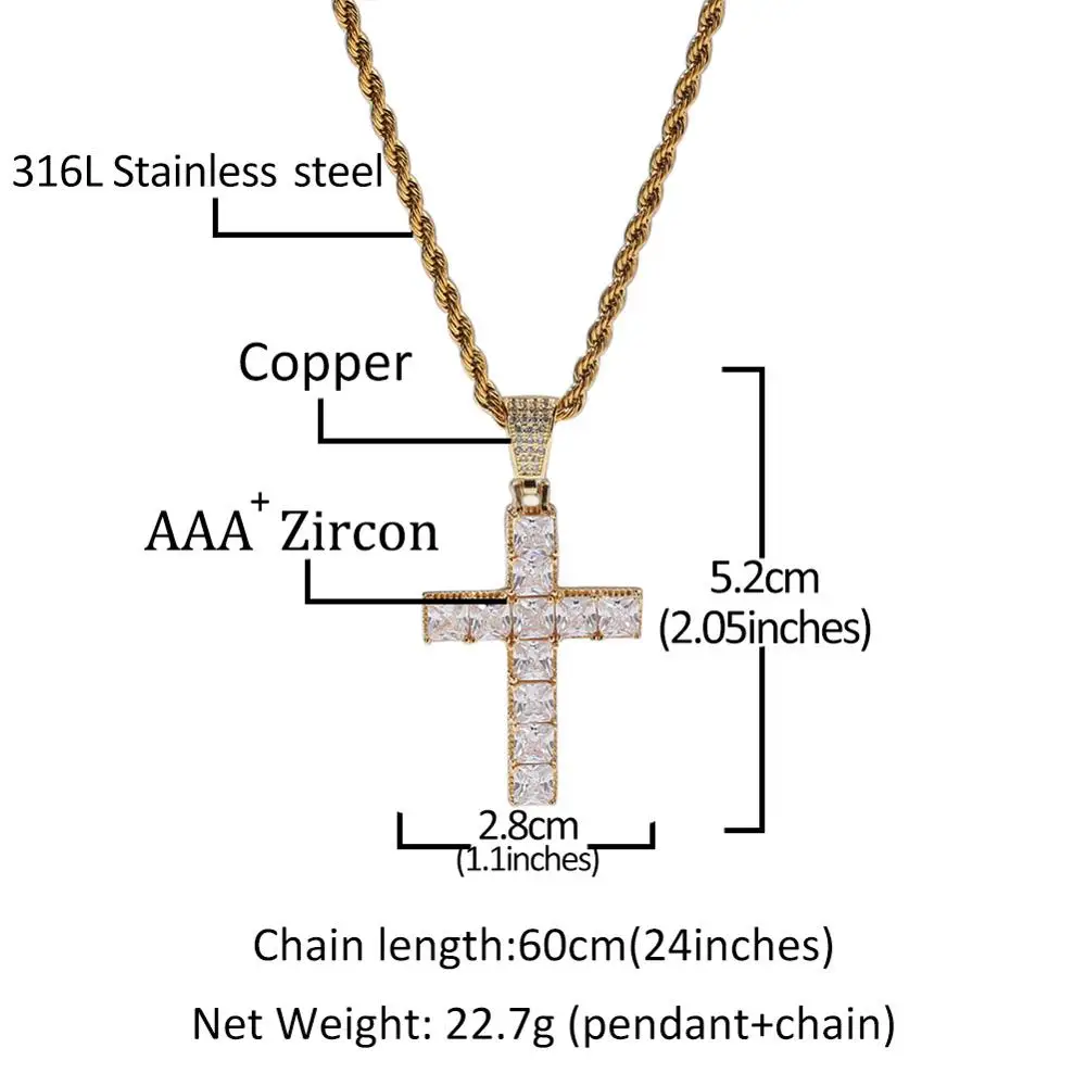 Gold Color Hip Hop Bling Iced Out Necklace Zircon Cross Pendant Chain Jewelry For Men Women DJ-264 | Украшения и аксессуары