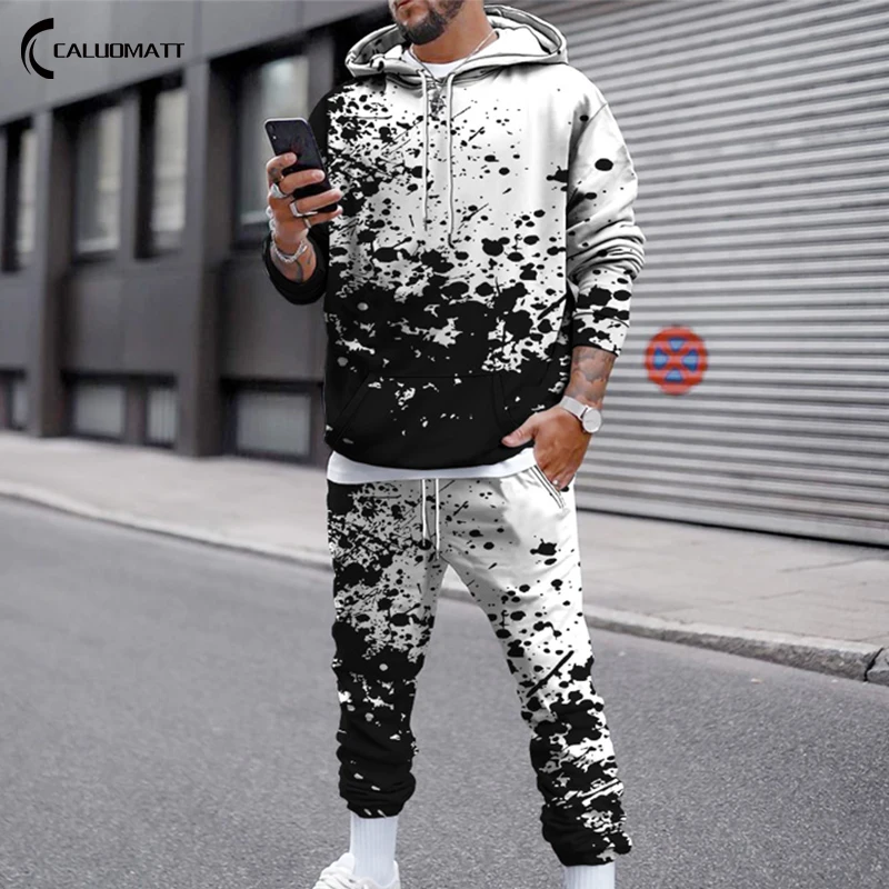 

Autumn Winter Men's 2 Piece Set Warm Splash-Ink Print Casual Long Sleeve Oversize Hoodie Sweater Top+Sweatpant Tracksuit Outfit