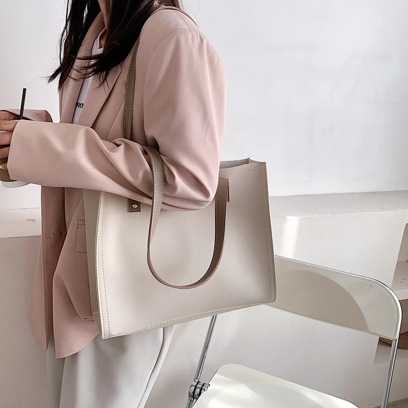 

Popular Retro Simple Large Capacity Women's Versatile One Shoulder Tote Solid Color Fashion Bag