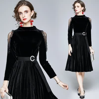 simgent black velvet dress women long sleeve beading lace up mesh patchwork elegant vintage knee length vintage dresses sg1882