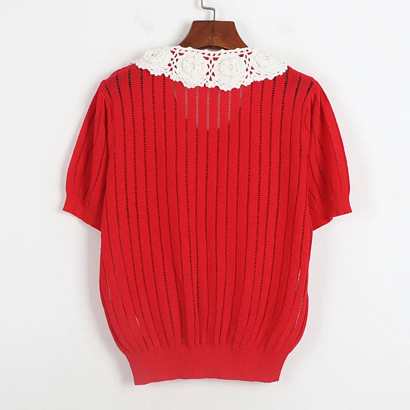 

She Beaty Korean Fashion Knitted Sweater Pullovers Lace Turn-Down Collar Short Sleeve Button Up Red Jumper Casual Ladies Tops In