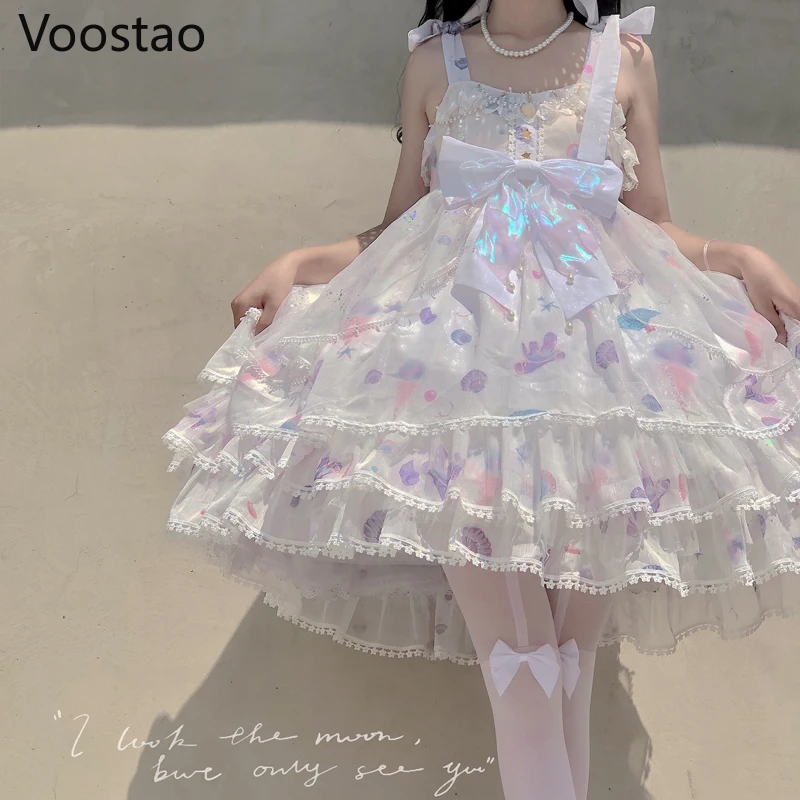 

Japanese Sweet Lolita Princess Jsk Dress Women Elegant Cute Sea Coral Print Lace Bow Wedding Party Dresses Girly Straps Dress